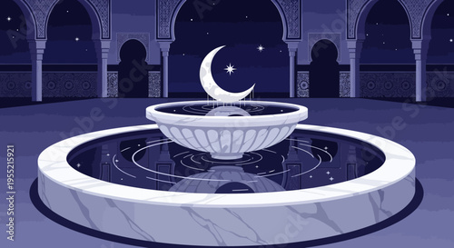 Serene Islamic courtyard at night with a grand moonlit fountain reflecting stars and intricate archways, evoking tranquility and mystique.