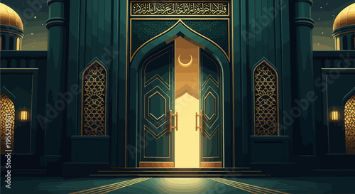Majestic Islamic mosque entrance at night, grand doors open to golden light, intricate Arabic calligraphy, crescent moon banner, illuminated windows, spiritual atmosphere, architectural gran