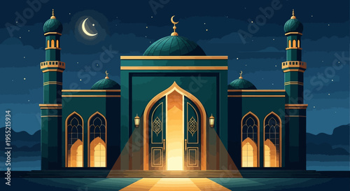 Majestic Islamic mosque bathed in warm golden light under a starry night sky with crescent moon, depicting architectural grandeur and spiritual ambiance.