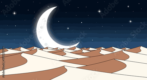 Majestic crescent moon illuminating a vast, undulating desert landscape with stylized, flowing sand dunes under a starlit night sky, evoking tranquility and wonder.
