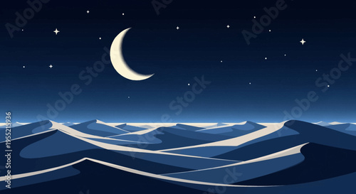 Serene crescent moon illuminates rolling desert dunes under a starry night sky, depicted in a minimalist, flat, graphic art style with cool blue tones.