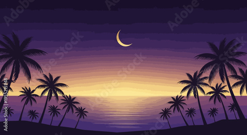 Vibrant tropical sunset silhouette with crescent moon over calm ocean and silhouette palm trees, vector art, moody twilight, serene evening beach scene.