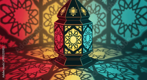 Intricate Islamic lantern casting vibrant, geometric patterned shadows in a kaleidoscope of red, yellow, and blue, celebrating cultural tradition and festive ambiance.