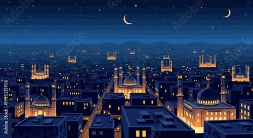 Panoramic cityscape at twilight featuring numerous illuminated mosques and crescent moons in a deep blue night sky, evoking Islamic culture and religious serenity.
