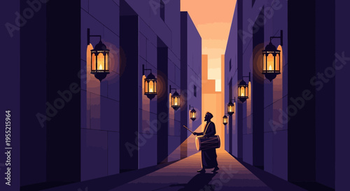 A solitary figure walks down a narrow, dimly lit cobblestone alleyway illuminated by ornate Moroccan lanterns casting warm glows, creating an atmospheric and mysterious scene.