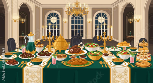 Elegant, richly laden formal dining table set for a grand feast, featuring a spread of ornate dishes, golden candelabras, and luxurious decor, in an opulent ballroom setting at night.