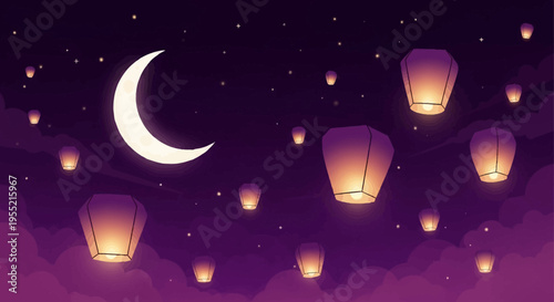 Whimsical night sky filled with glowing paper lanterns floating near a crescent moon against a deep purple, star-dusted backdrop with soft cloud wisps.