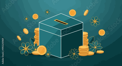 Generous teal donation box overflowing with golden coins and delicate floral embellishments, symbolizing charity and financial contributions in a flat design.