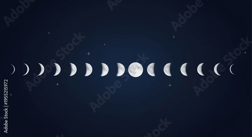 Celestial Progression A Detailed Sequence of Lunar Phases from New to Full Moon, Depicting the Cosmic Cycle in a Stylized, Minimalist Space Art with Subtle Stars.