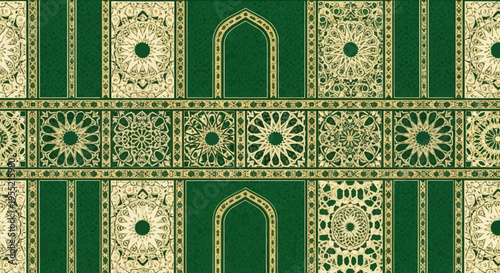 Intricate Islamic geometric patterns in a repeating carpet design featuring archways and starry motifs in opulent gold and deep emerald green.