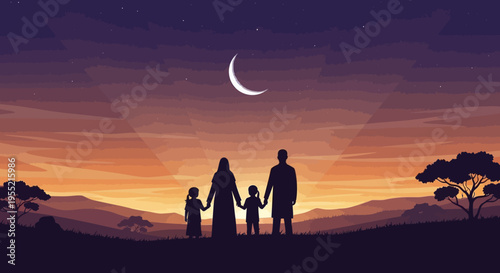 Silhouetted Muslim family holding hands, gazing at crescent moon during twilight in a serene desert landscape with distant mountains and acacia trees.