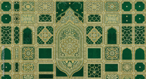 Intricate Islamic prayer rug with traditional geometric patterns, vibrant green and gold intricate Arabian design, detailed arabesque motifs, sacred Islamic tapestry art