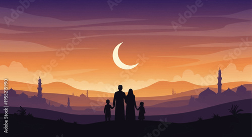 A silhouetted family of four holding hands and gazing at a crescent moon over a cityscape of mosque minarets and rolling hills at sunset, in a flat, vector art style with warm hues.