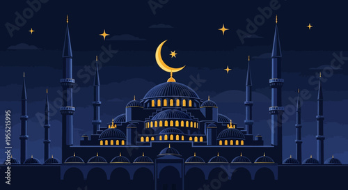Majestic Islamic mosque silhouette against a starry night sky, illuminated golden windows, crescent moon and star emblem, traditional architecture, serene spiritual ambiance, cultural celebr