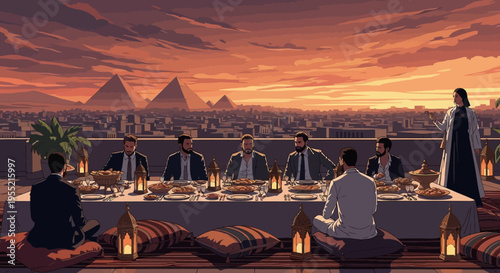 A diverse group of men and a woman gather for a lavish rooftop dinner banquet overlooking ancient Egyptian pyramids at sunset, with a warm, painterly aesthetic.