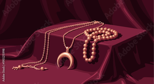 Elegant gold crescent moon pendant necklace and pearl rosary beads artfully displayed on a rich burgundy velvet draped pedestal, showcasing refined luxury and timeless adornment in a still l