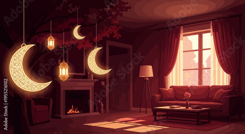 Cozy living room decorated with glowing crescent moon and lantern Ramadan ornaments, warm ambient light, evening, festive.
