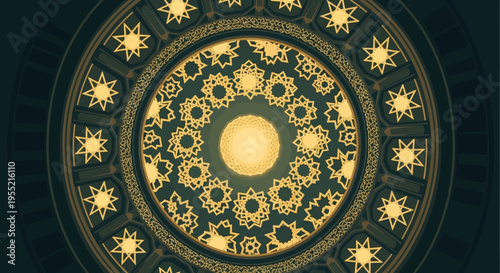 Intricate circular Art Deco dome ceiling featuring symmetrical golden starburst patterns and geometric motifs, bathed in warm golden light, creating a majestic and awe-inspiring architectura