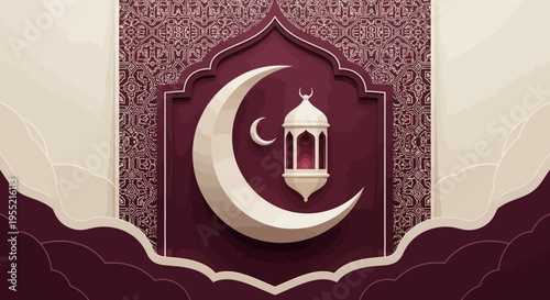 Elegant Islamic crescent moon and traditional lantern design with intricate geometric patterns, symbolizing Ramadan Kareem, Muslim celebration, and spiritual Iftar gatherings.