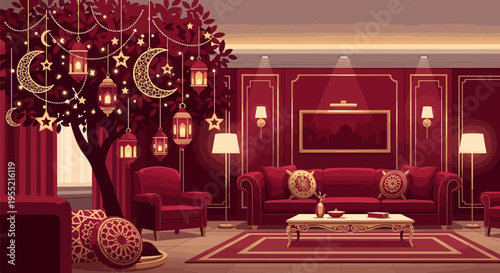Luxurious red Middle Eastern living room interior, pixel art style, decorated with crescent moons, stars, and lanterns for Ramadan or Eid celebrations, opulent ambiance.