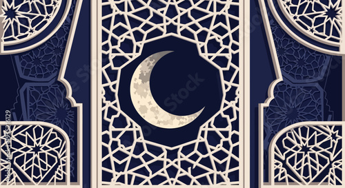 Exquisite Islamic geometric latticework frame with a glowing crescent moon against a deep indigo night sky, evoking Ramadan and Islamic culture.