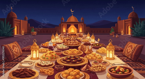 Abundant Iftar feast laid out on a long table under a starry night sky, featuring a mosque and desert architecture, in a vibrant, detailed, and atmospheric digital art style.