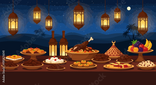 Abundant Ramadan Iftar feast spread across a table with diverse sweet and savory dishes, illuminated by ornate Moroccan lanterns under a starry desert night sky, Ramadan Kareem.