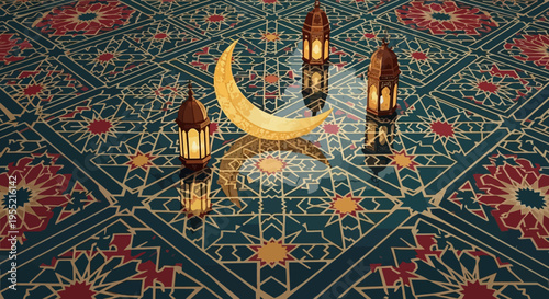 Golden crescent moon with intricate Islamic geometric patterns and illuminated lanterns casting warm light, symbolizing Ramadan celebrations and spiritual reflection.