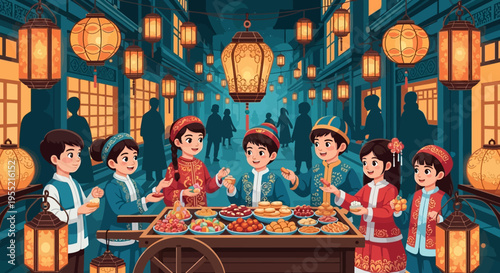Children in traditional attire joyfully gathered around a food cart adorned with glowing lanterns, celebrating a vibrant Asian festival on a bustling street at night.