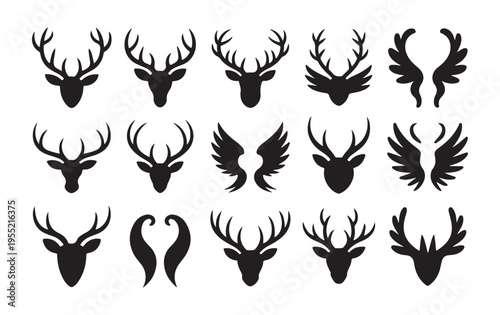 Set of silhouettes deer head with antlers and wings isolated on white background, vector flat illustration