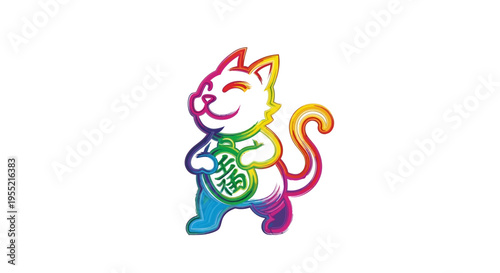 Lucky Cat Rainbow Colors Cartoon Style, Japanese Maneki Neko Mascot