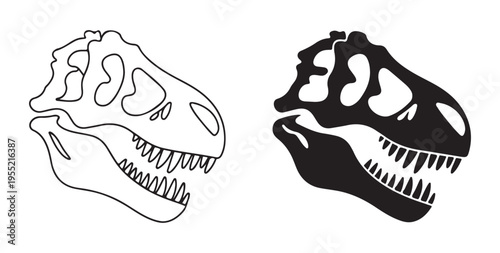 T-rex skull vector illustration. skeleton predator dinosaur head on white background, contour and silhouette