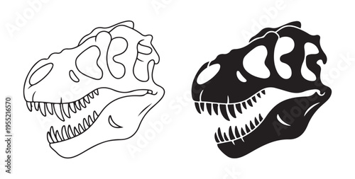 Tyrannosaurus rex skull illustration in outline and solid black versions for paleontology enthusiasts design