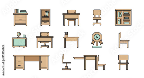 Collection of office furniture icons.