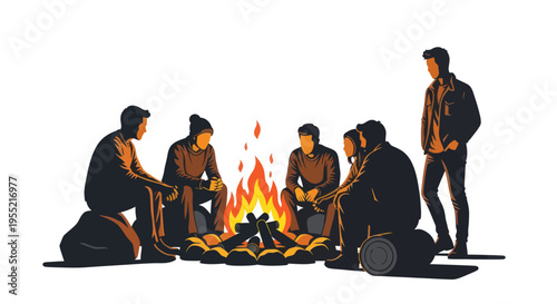 Group of people sitting around campfire.