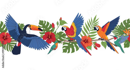 Toucans and parrots in flight together.