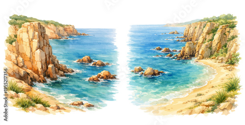 A watercolor vector set of coastal cliffs and beach landscapes for travel and nature design