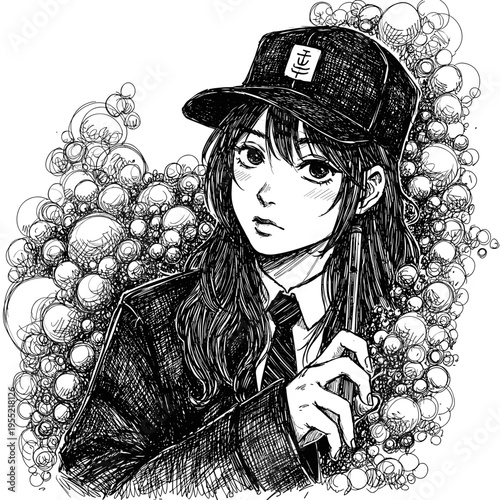 Young girl wearing cap holding pen with bubble background  