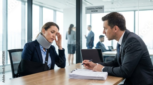 A distressed injured woman wearing a neck brace and arm sling consults with a personal injury lawyer or insurance agent about an accident claim in a modern corporate consultation room.