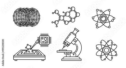 Illustrated science icons featuring laboratory equipment and atomic models.