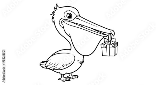 Whimsical pelican carrying a bucket in its beak illustration for kids.
