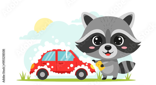 Playful cartoon raccoon beside a cheerful red car by the roadside.