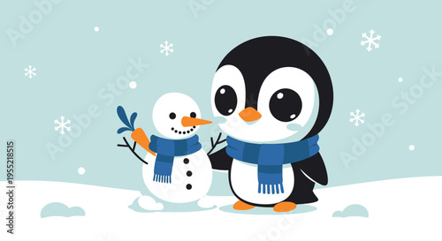 Playful penguins sharing a snowy moment with a snowman in a winter scene.