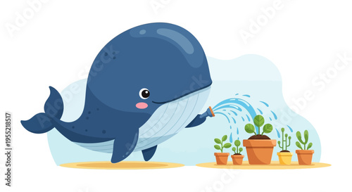 Playful blue whale tending tiny potted plants in a whimsical scene.