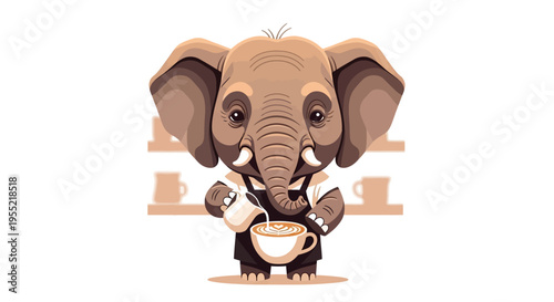 Whimsical cartoon elephant enjoying a warm cup of tea in a cozy scene.