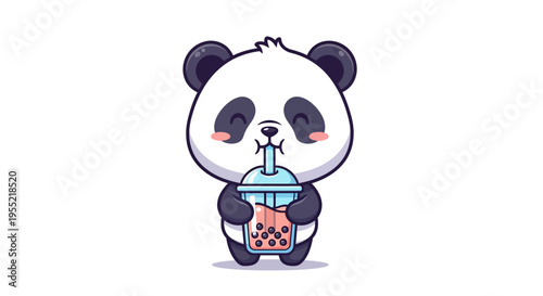 Adorable panda holding a bubble tea drink in a cute illustrated scene with a friendly pose.