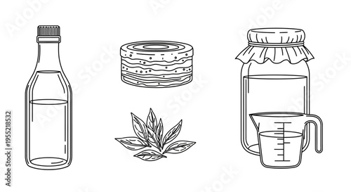 Line art illustration featuring a bottle, donuts, cannabis leaf, and a jar with a spout.