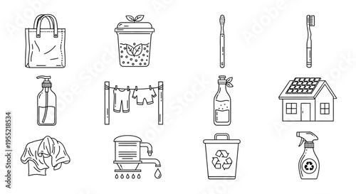 Collection of hand-drawn line icons including backpack, trash can, pens, house, bed and vehicle illustrations.