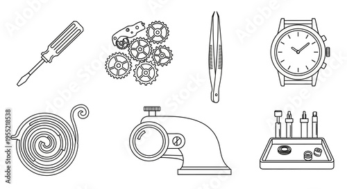Assorted technology and craft tools icons including screwdriver, clock, sewing machine, and gears.