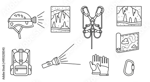 Set of outdoor climbing and hiking gear icons including helmet backpack rope carabiner and harness illustrations.